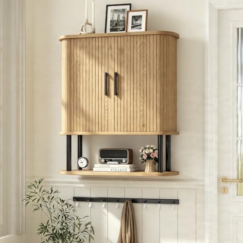 Fluted Bathroom Wall Cabinet, Wall Mounted Medicine Cabinet with Sliding Tambour Door & Adjustable Shelf, 3-Tier Over the Toilet Storage Cabinet for Laundry Room, Kitchen, Natural - color: Natural