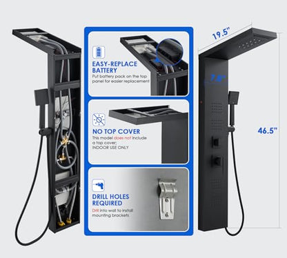 ROVOGO Shower Panel Tower System with Led Lights and 5 Shower Modes, 46.5" | Rainfall Waterfall Shower Head, 4 Body Jets, Handheld & Tub Spout, Stainless Steel Shower Column w/ Brass Valve, Matte Black - color: Black-4 jets