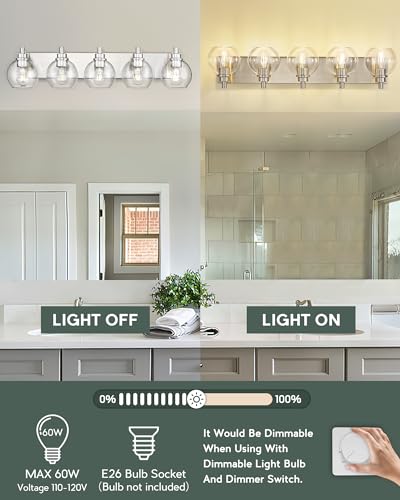 5-Light Brushed Nickel Bathroom Vanity Light, Clear Glass Globes | 32" modern bathroom light fixtures over mirror, E26 base, bulbs not included, VL195-BN-CL-5 - color: Brushed Nickel, Clear Glass, size: 5-light