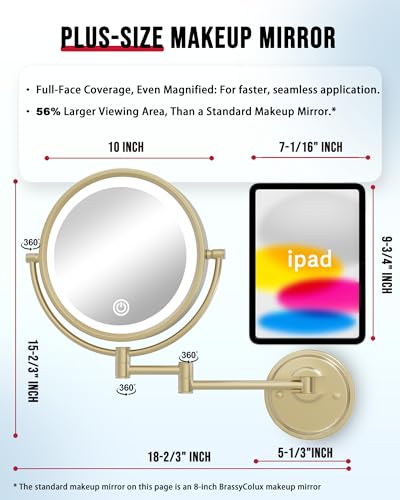 10" Lighted Wall Mount Magnifying Mirror Rechargeable, Satin Brushed Gold | 1X/5X Double-Sided Bathroom Makeup Vanity, 3 Color Lighting Touch Dimmable, 360 Rotation Extended Swing Arm, Brass Frame - color: Satin Brushed Gold