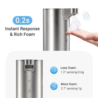 Automatic Foaming Soap Dispenser, Matte Stainless Steel Touchless Soap Dispenser with Self-Clean Mode, 1500mAh Rechargeable USB-C, IPX5 Waterproof Anti-Clogging Foam Pump for Kitchen & Bathroom - color: Silver