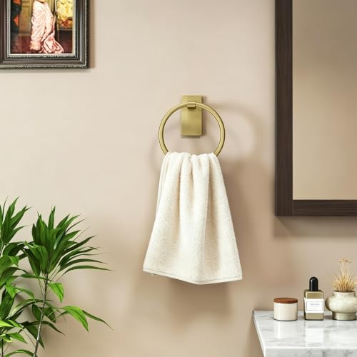 STWWO Gold Towel Ring for Bathroom, Adhesive Hand Towel Holder for Bathroom, Kitchen, No Drill | for Bath RV Kitchen, Self Adhesive Wall Mounted, No-Drill Stick On, Brushed Gold - color: Gold