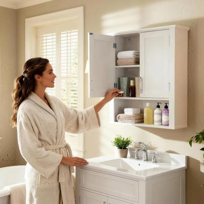 JupiterForce Bathroom Wall Cabinet Over The Toilet with 2 Doors and 3 Adjustable Shelves, Wall Mounted Bathroom Storage Medicine Cabinet for Bathroom, Living Room, Kitchen, White