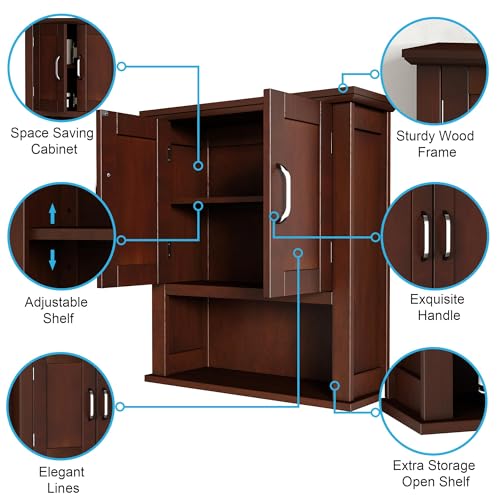 ChooChoo Wood Bathroom Wall Cabinet with Door, Dark Cherry Medicine Cabinet | Rustic Over The Toilet Storage Cabinet, Adjustable Shelf, Open & Concealed Storage, 7.5 x 21.6 x 24 Inches - color: Dark Cherry