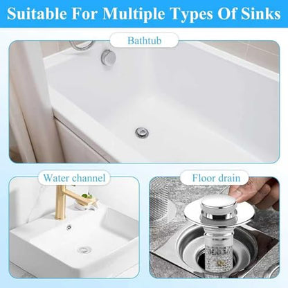 2-Piece Stainless Steel Bathroom Sink Plugs, Bathtub Drain Stoppers, Pop-Up Sink Drain Strainer Features Removable Stainless Steel Strainer with Hair Catcher Compatible with American Sink strainers