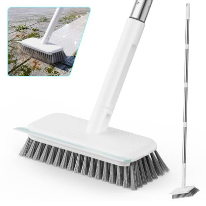 Leemone Floor Scrubber, Stainless Steel Wire Scrub Brush with Long Handle | Sturdy, with Squeegee, Deep Cleaning for Concrete, Patio, Driveway, Garage Floor, Pavers, Grout & Moss Removal