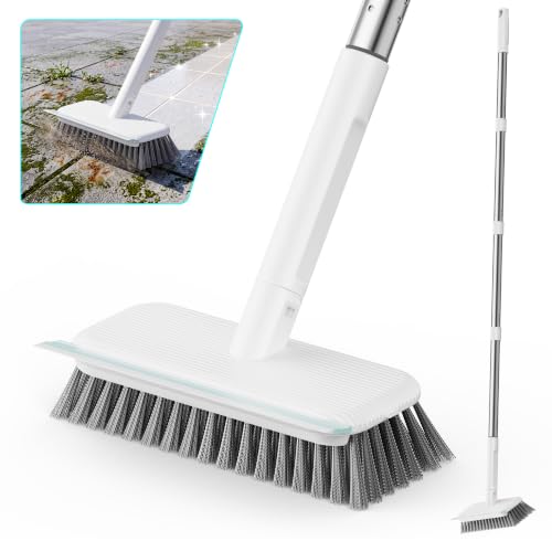 Leemone Floor Scrubber, Stainless Steel Wire Scrub Brush with Long Handle | Sturdy, with Squeegee, Deep Cleaning for Concrete, Patio, Driveway, Garage Floor, Pavers, Grout & Moss Removal