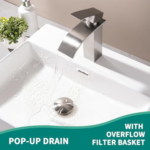 Brushed Bathroom Sink Drain with Overflow Pop Up Sink Drain Stopper for Sink Faucet Vessel Vanity Sink Drain Strainer with Hair Catcher Anti-Clog Strainer Brushed Nickel, SD30-BN - style: Big Popup Cap-Brushed Nickel