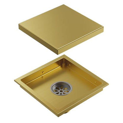 6 Inch Square Shower Floor Drain, Brushed Gold SUS304 Stainless Steel Grid Grate with X-Shaped High Flow Channel, Anti-Clogging Hair Strainer, Standard 2" Outlet | Reversible flat & tile-in cover, anti-odor auto-seal core, burr-free smooth edges for baref