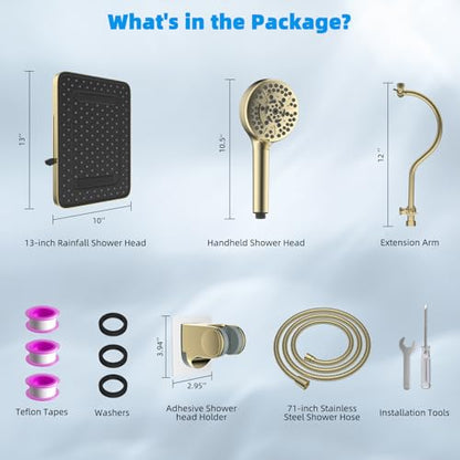 Hibbent 13'' 5-spray Rain Shower Head, 10-Spray Handheld, Brushed Gold | cUPC Certified High Pressure Dual Showerhead Combo, Upgraded Rainfall Shower Head, 12'' Extension Arm, 71'' Hose & Holder - color: Brushed Gold, style: Square 13''