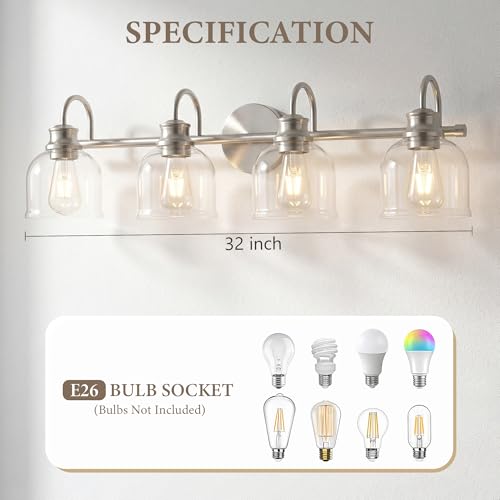 URSOLA 4 Lights 32" Bathroom Vanity Light Fixtures, Brushed Nickel Traditional Classic Vanity Light with Clear Glass, Bathroom Lighting Fixtures Over Mirror - color: Brushed Nickel, size: 4 Lights