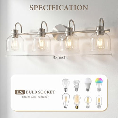 URSOLA 4 Lights 32" Bathroom Vanity Light Fixtures, Brushed Nickel Traditional Classic Vanity Light with Clear Glass, Bathroom Lighting Fixtures Over Mirror - color: Brushed Nickel, size: 4 Lights