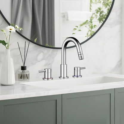 8 Inch Pull Down Bathroom Faucet 3 Hole,Chrome Bathroom Sink Faucet | Stainless Steel,Pull Down Sprayer,Chrome,3 hole Widespread,with Pop-up Drain,Water Supply Hoses,Two Water Flow Modes - color: A-Chrome