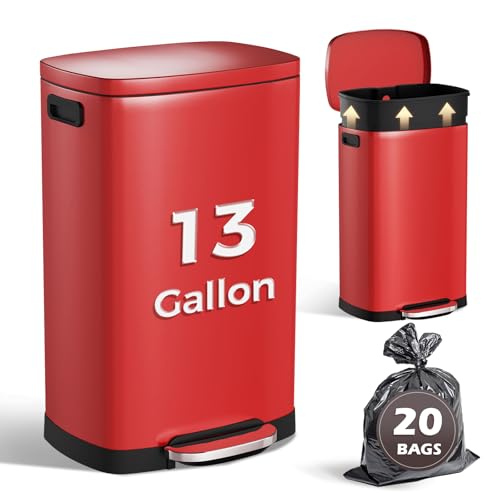 ELPHECO Kitchen Trash Can with Lid 13 Gal Stainless Steel Pedal Garbage Can | Soft Close Lid Pedal Heavy-Duty Fingerprint Proof Step Wastebasket with 20 Bags Removable Bucket, Home Office, Scarlet Red - color: Scarlet Red