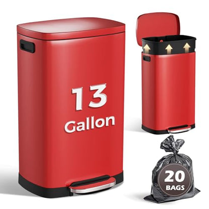 ELPHECO Kitchen Trash Can with Lid 13 Gal Stainless Steel Pedal Garbage Can | Soft Close Lid Pedal Heavy-Duty Fingerprint Proof Step Wastebasket with 20 Bags Removable Bucket, Home Office, Scarlet Red - color: Scarlet Red
