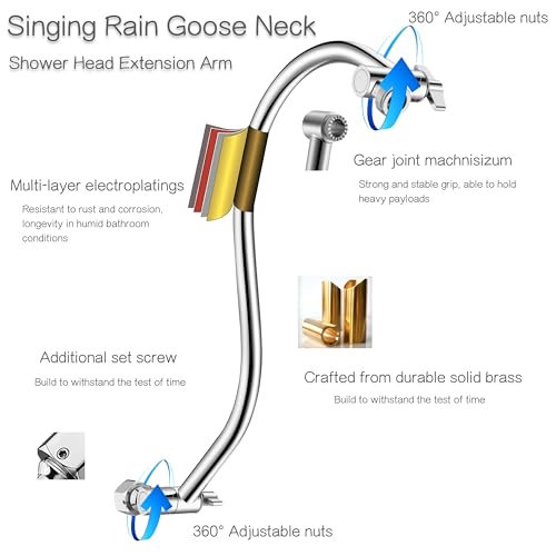 15 inch Goose Neck Curved Extra Long Adjustable Shower Head Extension Arm With Locking Set Screw, Singing Rain Brass Angle Height Adjustable, G1/2 Universal Connector Compatible (Chrome Finish)