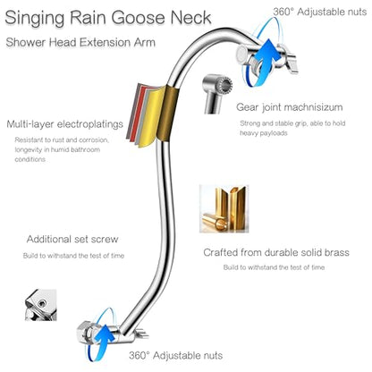 15 inch Goose Neck Curved Extra Long Adjustable Shower Head Extension Arm With Locking Set Screw, Singing Rain Brass Angle Height Adjustable, G1/2 Universal Connector Compatible (Chrome Finish)