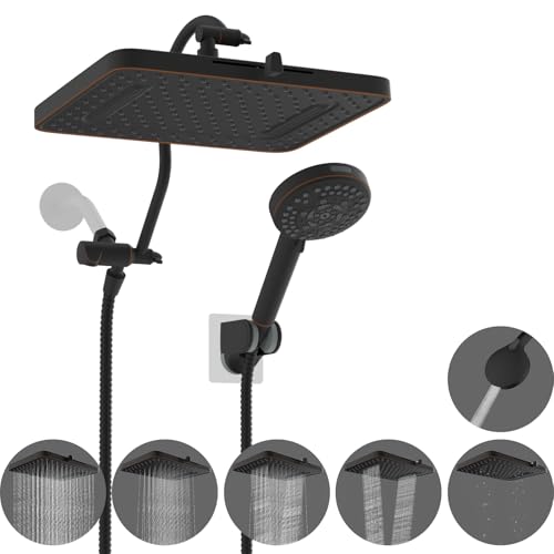 Hibbent 13'' 5-spray Rain Shower Head, 10-Spray Handheld, Oil Rubbed Bronze | cUPC Certified High Pressure Dual Showerhead Combo, Upgraded Rainfall Shower Head, 12'' Extension Arm, 71'' Hose & Holder - color: Oil Rubbed Bronze, style: Square 13''