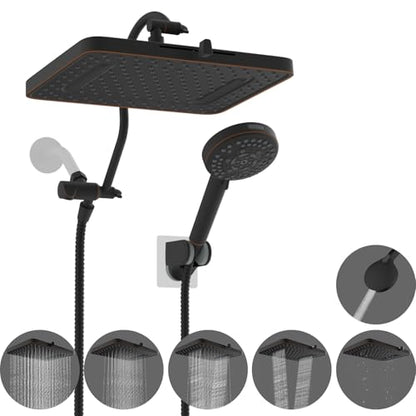 Hibbent 13'' 5-spray Rain Shower Head, 10-Spray Handheld, Oil Rubbed Bronze | cUPC Certified High Pressure Dual Showerhead Combo, Upgraded Rainfall Shower Head, 12'' Extension Arm, 71'' Hose & Holder - color: Oil Rubbed Bronze, style: Square 13''