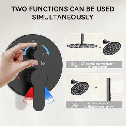 Shower Systems Shower Faucet Sets STARBATH 3 Way 12+6" Round Dual Rainfall Shower Head with Handheld Spray Combo, Ceiling Mounted Rain Shower Valve with 5 Diverter and Trim Kit Complete, Matte Black - color: Matte Black, size: 6+12 inch-04