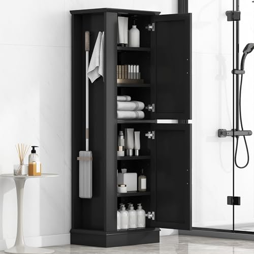 Tall Freestanding Storage Cabinet, Multi-Purpose Floor Organizer with 2 Doors, Hook and Adjustable Shelf for Bathroom, Office, Black - color: Black/Adjustable Shelf