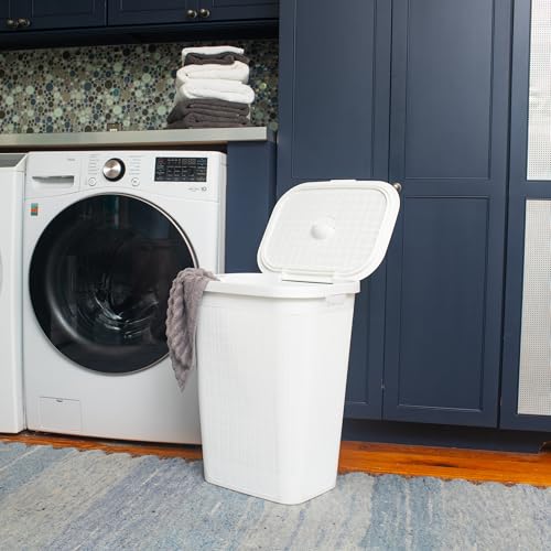 Mind Reader 60L Slim Laundry Hamper, Clothes Basket, Lid, Linen Design, Plastic, White - color: White