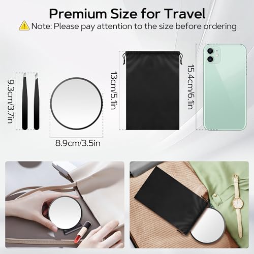 MIYADIVA Magnifying Mirror 40X/30X/20X, 3.5 Inch Round Compact Mirror with Suction Cup, 2Ps Stainless Steel Tweezers, Perfect for Makeup, Eyebrows, Beards, Travel - color: Black-40xset