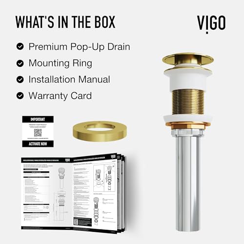 Vigo Bathroom Sink Pop Up Drain Without Overflow, Matte Gold Drain Stopper with ClogFree QuickDrain Technology & Matching Mounting Ring - color: Gold