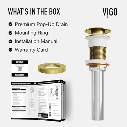 Vigo Bathroom Sink Pop Up Drain Without Overflow, Matte Gold Drain Stopper with ClogFree QuickDrain Technology & Matching Mounting Ring - color: Gold