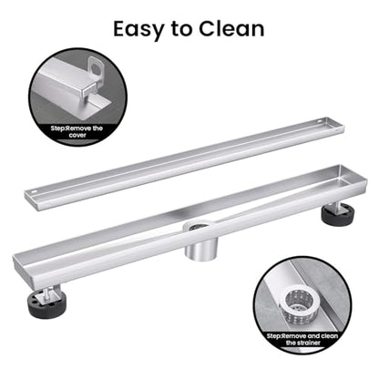 EXF Linear Shower Drain 12 Inch Brushed Nickel with Tileable Grate | 304 Stainless Steel, V-Slope Design, Debris Strainer, Seamless, Adjustable Height - color: Brushed Steel, size: 12 IN