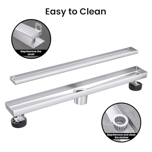 EXF Linear Shower Drain 18 Inch Brushed Nickel with Tileable Cover | 304 Stainless Steel, V-Slope Design, Debris Strainer, Seamless, Adjustable Height - color: Brushed Steel, size: 18 IN