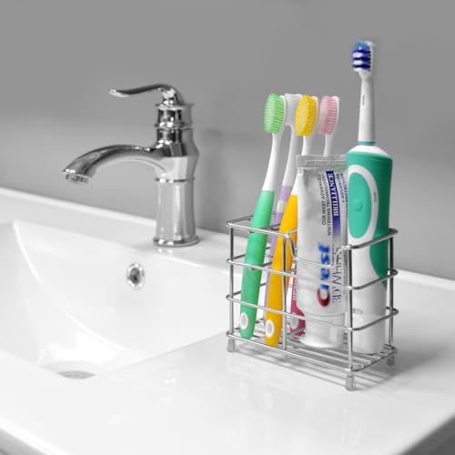 Linkidea Wall Mount Toothbrush Holder for Bathroom, Stainless Steel Stand for Electric Toothbrush, Toothpaste, Razor, Self Adhesive/Countertop 5 Slots Organizer (Chrome) - size: Small