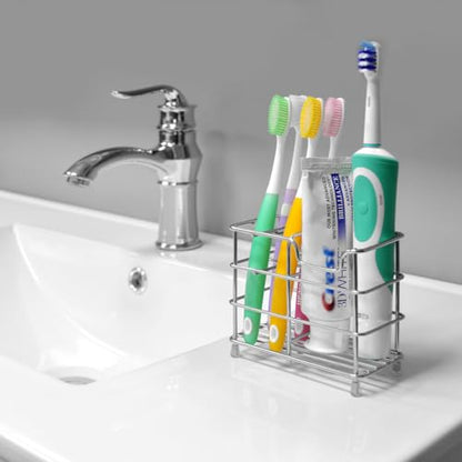 Linkidea Wall Mount Toothbrush Holder for Bathroom, Stainless Steel Stand for Electric Toothbrush, Toothpaste, Razor, Self Adhesive/Countertop 5 Slots Organizer (Chrome) - size: Small