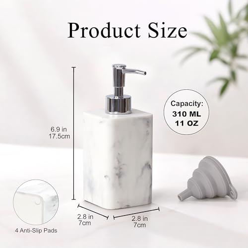 2 pcs Hand Soap Dispenser Set, 11oz Refillable Resin Liquid Soap Dispensers with Rustproof Pump, Lotion Dispenser Includes Silicone Funnel for Bathroom Countertop or Kitchen, Marble-Effect - color: Marble White