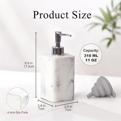 2 pcs Hand Soap Dispenser Set, 11oz Refillable Resin Liquid Soap Dispensers with Rustproof Pump, Lotion Dispenser Includes Silicone Funnel for Bathroom Countertop or Kitchen, Marble-Effect - color: Marble White