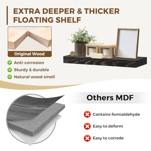 Solid Wood Floating Shelves, 17 Inch Wall Shelves, Set of 2, Black | 8 Inch Deep, 1.6 Inch Thick, Extra-Wide Display Space, Mounting Hardware Included, For Kitchen, Bathroom and Living Room - color: Black, size: 17x8x1.6