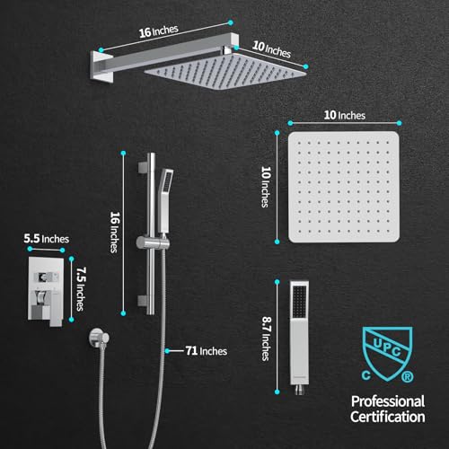 SR SUN RISE 10 Inch Square Shower System with Slide Bar,Polished Chrome | Rain Head and Handle System,16" Adjustable Shower Slide Bar,Soild Brass,Wall Mount,Included Valve and Trim Kit - color: Polished Chrome, size: 10 Inch