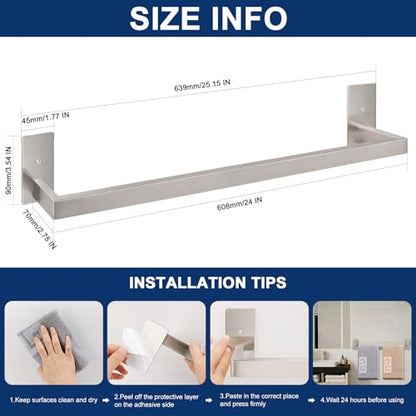 NearMoon Self Adhesive Bathroom Towel Bar, Stainless Steel Square Bath Wall Shelf Rack Hanging Towel Stick On Sticky Hanger Contemporary Style, Towel Rack Wall Mounted (24 Inch, Brushed Nickel) - color: Brushed Nickel, size: 24 Inch
