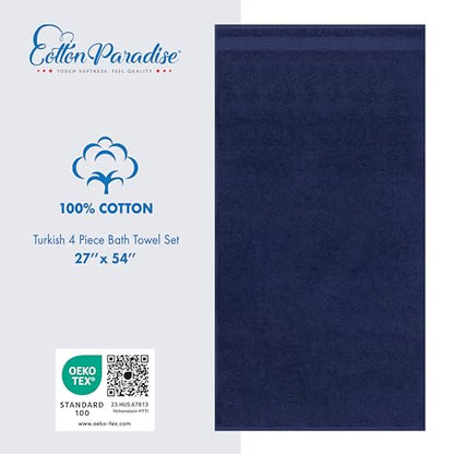 Cotton Paradise 100% Cotton Turkish Towel Set, Soft Absorbent Quick Dry, 4 Piece Bath Towel Set, Navy Blue - color: Navy Blue, size: 27"x54"