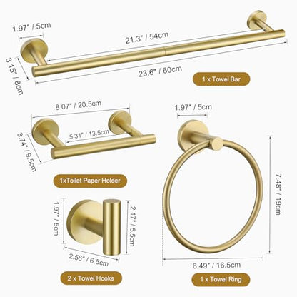 TURS Brushed Gold 5 Piece Bathroom Hardware Set, SUS304 Stainless Steel Bath Towel Bar Set, 23.6 Inch Round Bathroom Accessories Kit Wall Mounted - color: Brushed Gold