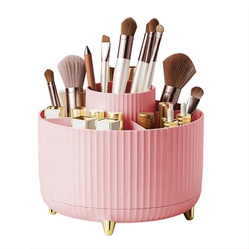 DASITON Large Capacity Makeup Brush Holder,360° Rotating Makeup Organizer,5 Slot Makeup Brushes Cup,for Vanity Decor,Bathroom Countertops,Desk Storage Container,Cosmetic Display cases(Pink) - color: Pink