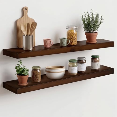 30inch Walnut Floating Shelves for Wall Mounted, High End Solid Real Wood 30 in Floating Shelf, Dark Brown Wooden 30 inch Long Floating Shelves, Heavy Duty Bracket, 30 X 6.5 X 1.75, Set of 2 - color: American Walnut - Satin Dark Tone, size: 30 inch