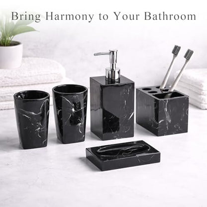 5 Piece Bathroom Accessories Set, Marble Resin Bathroom Vanity Set, Soap Dispenser, Toothbrush Holder, Soap Dish & 2 Tumblers, Bathroom Countertop Organizer Set (Ink Black) - color: Ink Black