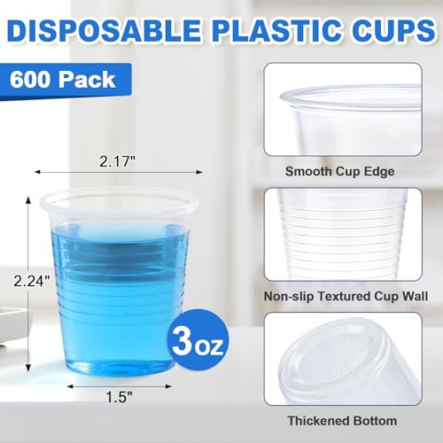 SIUQ 600 Pack 3 oz Clear Plastic Cups, Disposable Bathroom Mouthwash Cups | Small Plastic Drinking Cup for Ice Tea, Tasting, Party, Picnic, BBQ, Travel and Event - style: 3 oz-600pack