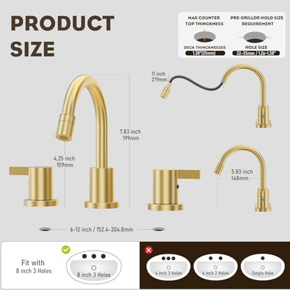 Pull Down Sprayer Brushed Gold 8 Inch Bathroom Sink Faucet, 2 Handles 3 Hole Widespread Pull Out Bathroom Faucet，with Pop Up Drain and Water Supply Line,BF04022-K01-BG - color: Brushed Gold