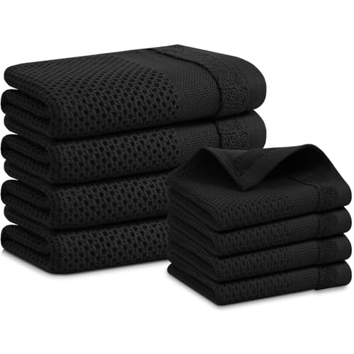 Homaxy Kitchen Towels and Dishcloths Set, Set of 8, Black | 100% Cotton Waffle Weave Kitchen Towels, Super Soft and Absorbent Dish Cloths, 12 x 12 and 13 x 28 Inches - color: Black, size: 8-Piece Set
