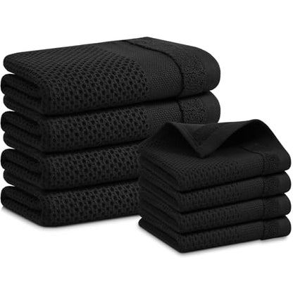 Homaxy Kitchen Towels and Dishcloths Set, Set of 8, Black | 100% Cotton Waffle Weave Kitchen Towels, Super Soft and Absorbent Dish Cloths, 12 x 12 and 13 x 28 Inches - color: Black, size: 8-Piece Set