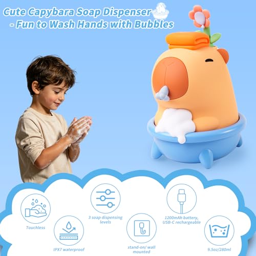 Brown Cute Soap Dispenser - Kids Automatic Foam Hand Soap Dispenser, Wall Mount Waterproof USB Rechargeable, 9.5oz Touchless for Bathroom, Office, Hotel,Hospital, Preschool Children - color: Brown Capybara
