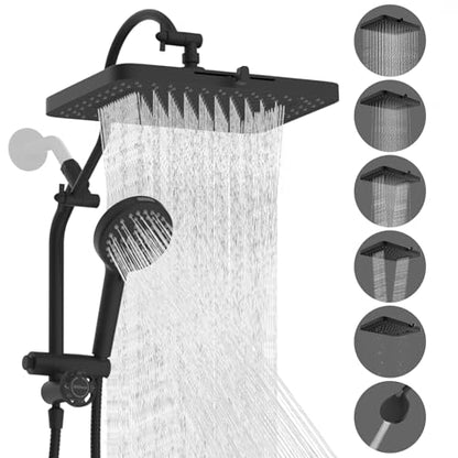 Hibbent cUPC Certified High Pressue 13'' Rainfall Shower Head with 5-Spray | Shower Heads with Handheld 10-Spray Combo, All Metal Easy Reach 4-way Diverter Arm, 71'' Hose & Holder, Matte Black - color: Black, style: Square 13"