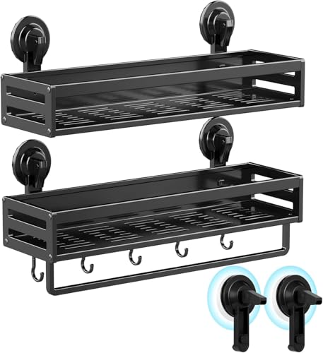 Suction Cup Shower Caddy with 5 Hooks & Towel Rrack 11.8inch Black | No Drilling Shower Organizer with Large Capacity, Rust-resistant Bathroom Organizer, With 2 Backup Suction Cups (2-Pack) - size: 11.8 inches(2-Pack US)